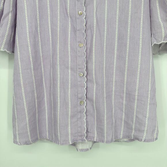 Tuckernuck LANHTROPY 100% Linen Scallop Blouse Striped Puff Sleeve Shirt Top - Picture 7 of 15